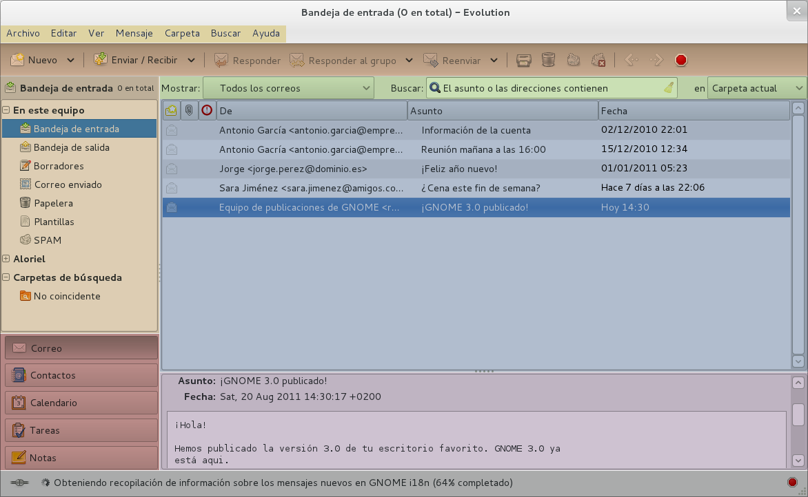 La ventana principal de correo de Evolution