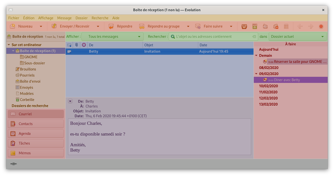La fenêtre principale de messagerie d’Evolution