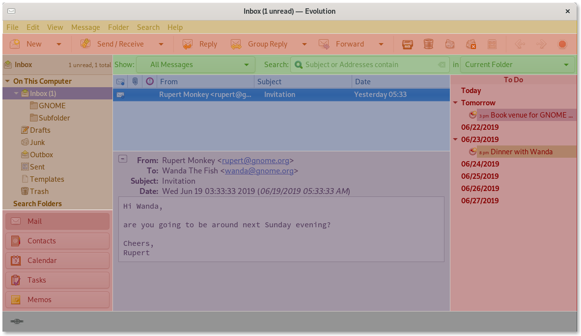 Huvudfönstret för Evolution e-post